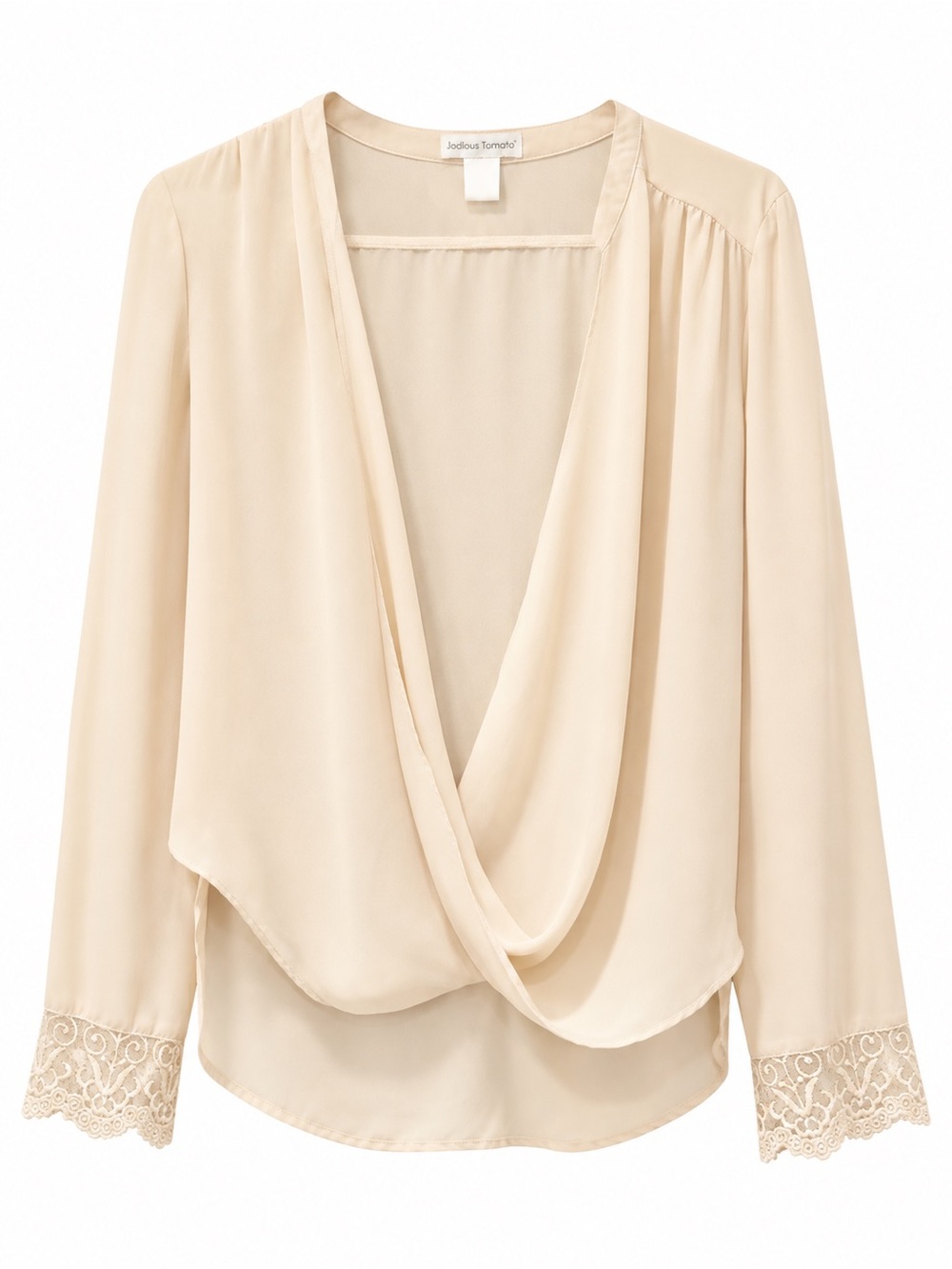 Jealous Tomato Cream Draped Surplice Blouse with Lace Cuffs